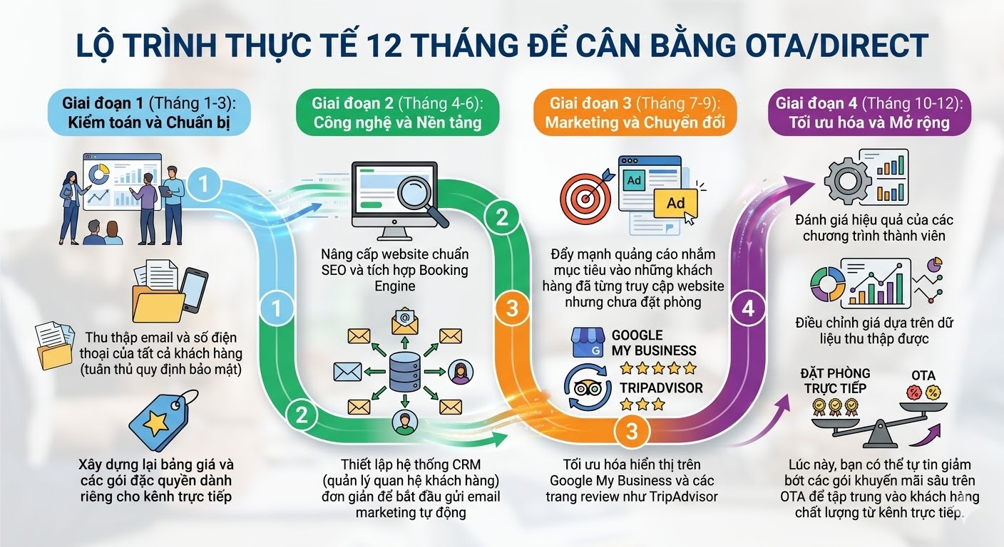 Lộ trình thực tế 12 tháng để cân bằng OTA/Direct